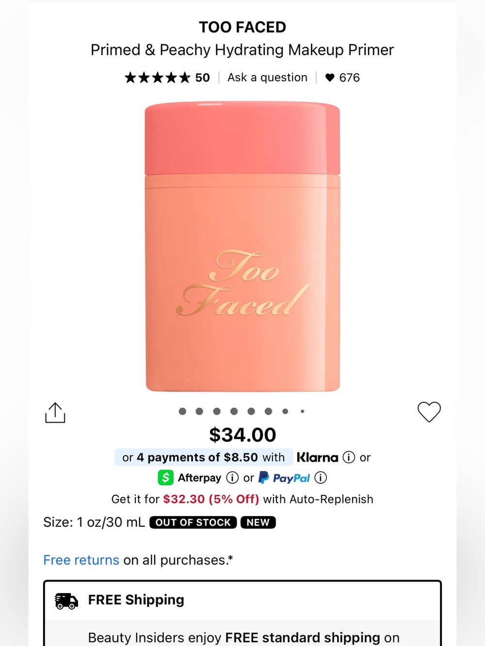 Too faced primed and peachy hydrating makeup primer!! New!